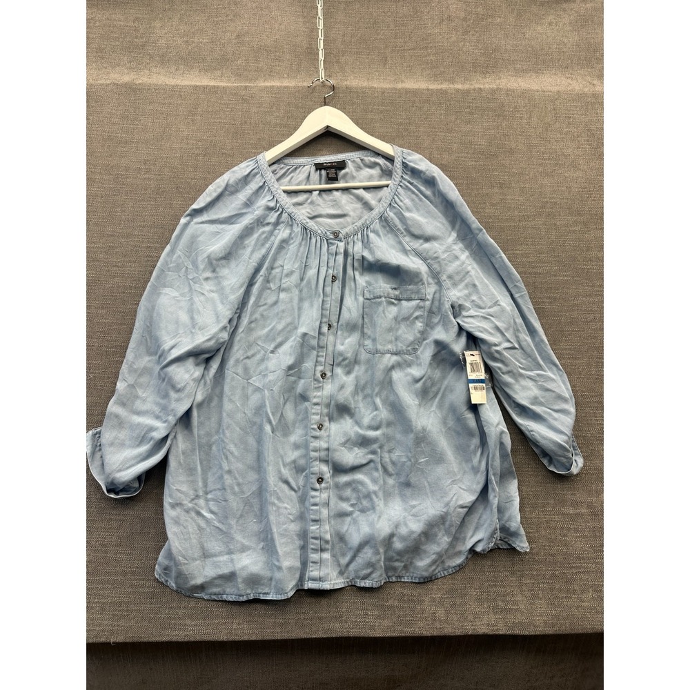 Style & Co Denim Peasant Shirt Womens‎ XL Blue Lyocell Pleated Neck Button Front